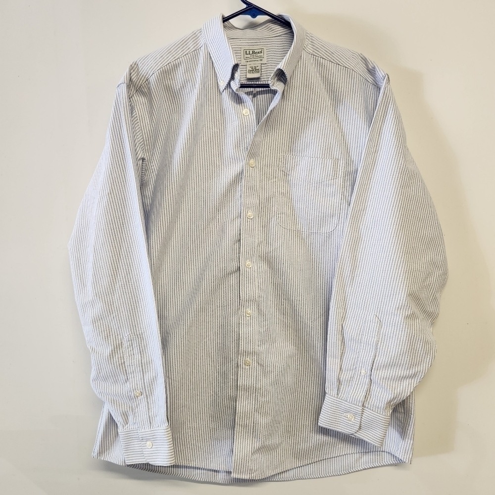 L.L. Bean Mens white blue striped button down long sleeve dress shirt size 16-34